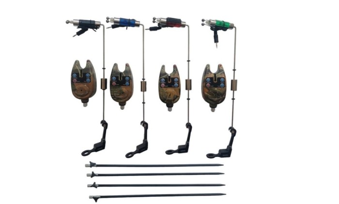 Set 4 Avertizori / Senzori pescuit TLI 01 Si 4 Swingeri cu 4 picheti Lumino, Swingere cu led baterii incluse