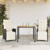 VidaXL Set mobilier de grădină cu perne, 3 piese, negru, poliratan