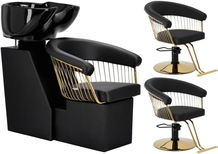Set Profesional Scafă Zoe și 2 Scaune Coafură Hidraulice Rotative Calissimo, Bol Ceramic și Accesorii Inclusiv