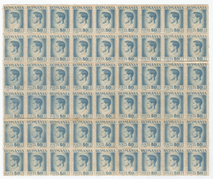 |Romania, LP 188/1945, Uzuale - Mihai I, hartie gri, bloc de 54 timbre, MNH