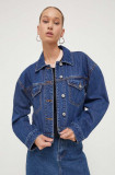 Abercrombie &amp; Fitch geaca jeans femei, culoarea albastru marin, de tranzitie, oversize