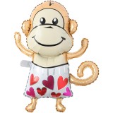 Balon din folie metalizata, flippy, mini figurine animalute, model maimutica, tematica aniversare, 45x28 cm, ambalaj individual, pai inclus, umflare c