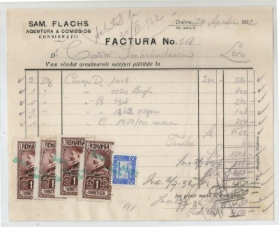 Romania, Sam. Flachs, Agentura &amp;amp; Comission Consignatii, Factura, Craiova, 1932 foto