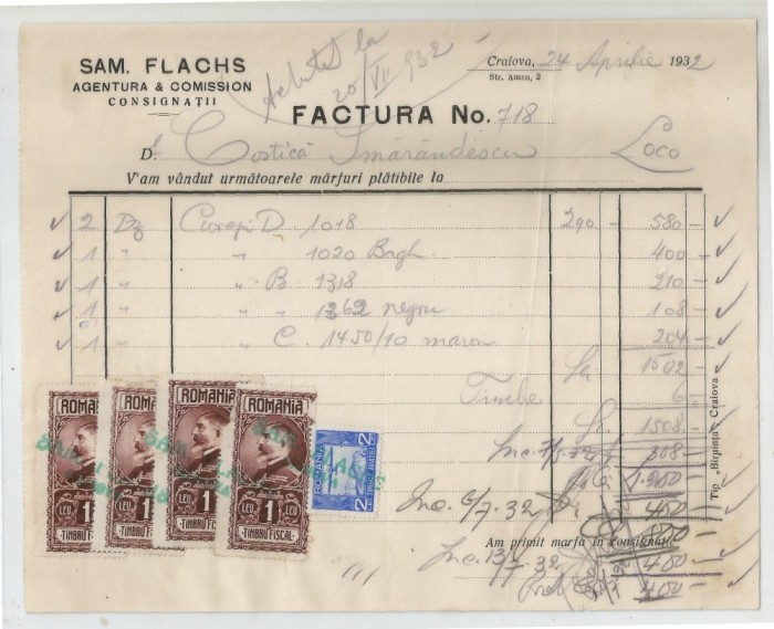 Romania, Sam. Flachs, Agentura &amp; Comission Consignatii, Factura, Craiova, 1932