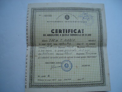 Certificat de absolvire a scolii generale de 8 ani RPR, 1965 foto