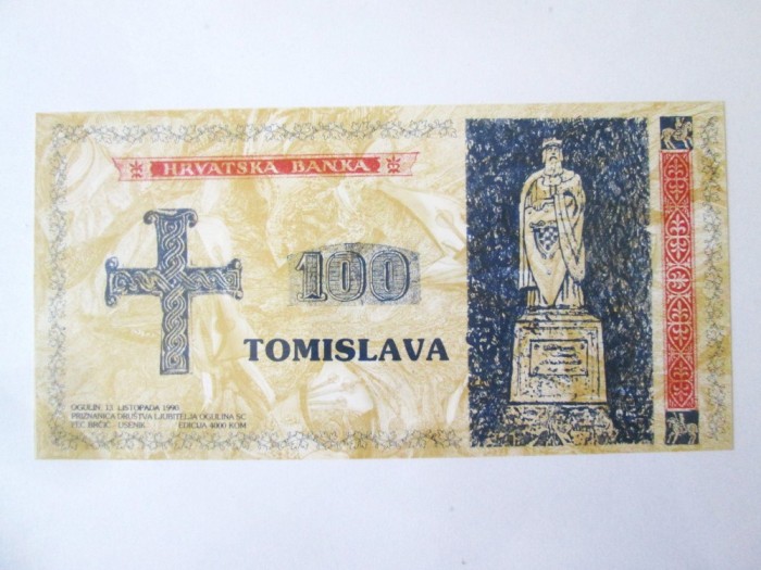 Rara! Croația 100 Tomislava 1990 UNC bancnota propunere/test,tiraj/emisiune 4000 bucati