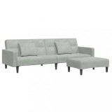 Canapea extensibila cu taburet, 2 locuri, gri deschis, catifea