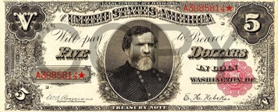 5 dolari 1890 Reproducere Bancnota USD , Dimensiune reala 1:1 foto