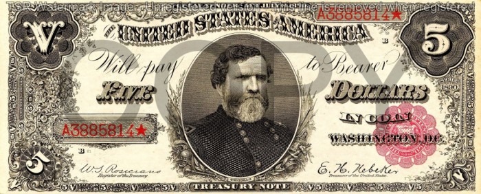 5 dolari 1890 Reproducere Bancnota USD , Dimensiune reala 1:1
