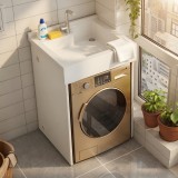 Cumpara ieftin Chiuveta pentru masina de spalat cu suport aluminiu, Lavoar HAWIRE M-1, 66x60x100 cm, Baterie inclusa, Compozit alb mat