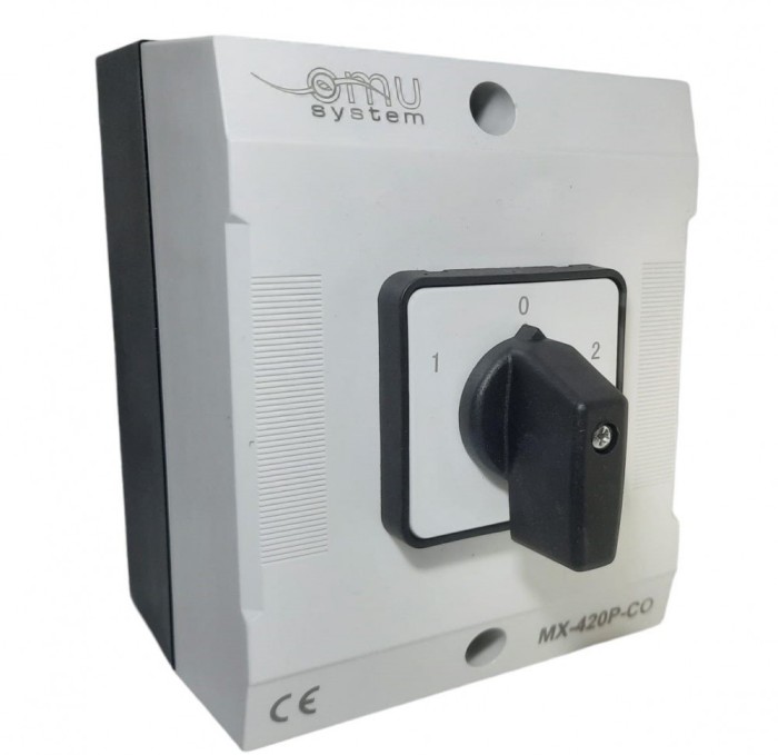 Comutator 20A 4kw 1-0-2 4 poli 400V AC IP65 industrial aplicat casetat pentru transfer manual