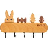 Suport pentru Chei, din Lemn, Aplicare fara Perforare, Adeziv Inclus, 5 Carlige Negre, Model Iepure, Greutate Suportata 5 kg, 13.5 x 22 cm, Maro