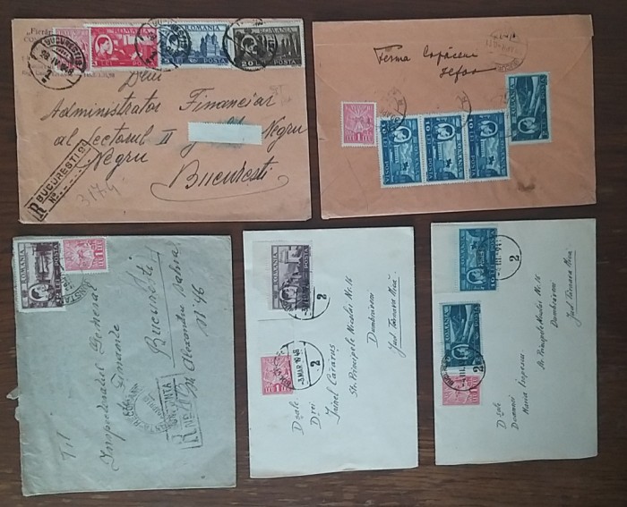 Romania 1948 5 plicuri cu francatura timbre Mihai I - Vederi si timbru IOVR