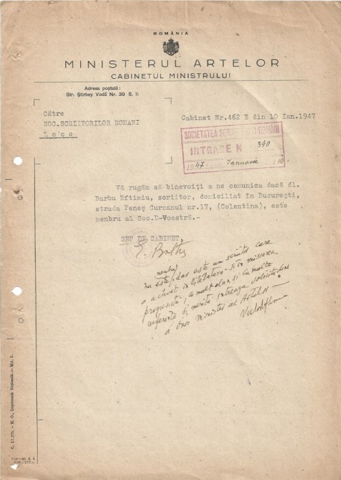 A3298N Semnătura olografă a lui Victor Eftimiu, 1947