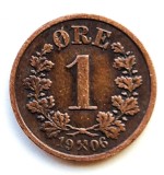 Norvegia 1 ORE 1906 moneda din bronz km # 361 regele OSCAR II