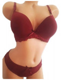 Set lenjerie intima dama 2 piese tanga si sutien push-up din dantela grena