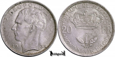 1935, 20 Francs - Leopold al III-lea - Regatul Belgiei | KM 105 foto