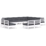 Set mobilier gradina cu perne, 12 piese, alb, lemn masiv pin