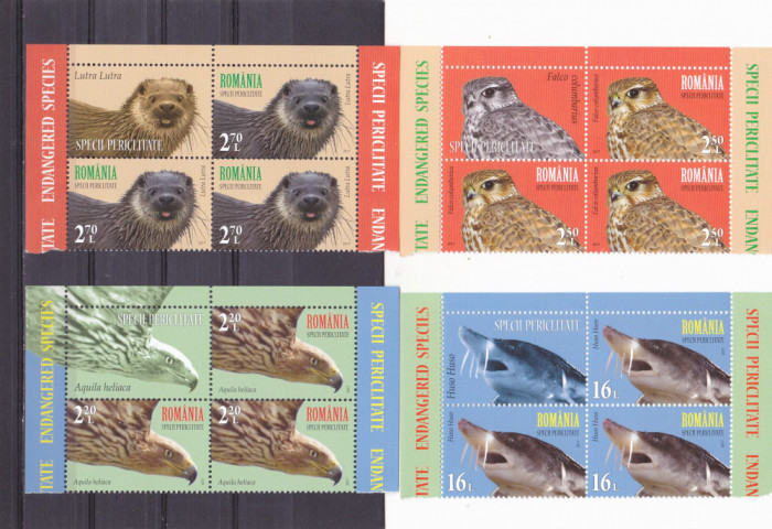 FAUNA,SPECII PERICLITATE ,3 SERII IN BLOC DE 4 CU VINIETA,Lp.2145e,MNH.ROMANIA.