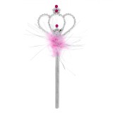 Baghetă Magică, Model Coroană, Pene Roz, 34cm, Argintiu-Roz, Plastic