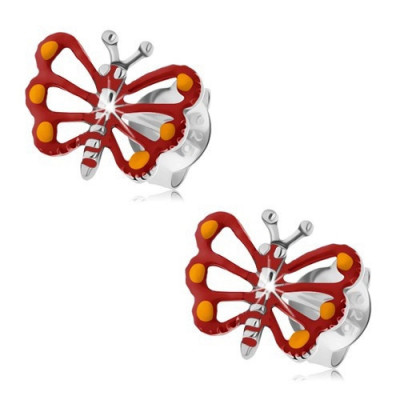Cercei din argint 925, fluture roşu cu aripi crestate, patină foto