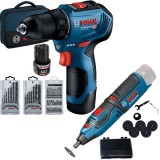 Bosch GSR 12V-30 + GRO 12V-35 - Masina de gaurit si insurubat cu 2 acumulatori Li-Ion 12 V 2 Ah 30 Nm geanta textila + Polizor drept