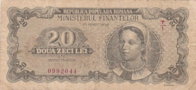Bancnote Rom&amp;acirc;nia - 20 lei 1950 - seria T. 0002044 (starea care se vede) foto