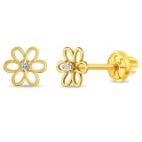 Cercei din Aur 14k in forma de Floare cu piatra CZ alba pentru Bebelusi, Copii Mici si Fetite, inchidere cu Filet si Protectie