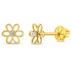 Cercei din Aur 14k in forma de Floare cu piatra CZ alba pentru Bebelusi, Copii Mici si Fetite, inchidere cu Filet si Protectie