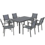 Outsunny Set Masă de Grădină cu Scaune, 7 Piese, Set de Pr&acirc;nz cu Masă cu Blat din Lemn Compozit cu Șipci și 6 Scaune de Exterior Stivuibile, Mobilier