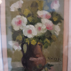 Vas cu flori, Otto Briese semnat dr jos, ulei pe carton, 14x9 cm rama originala