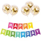 Set 5 Baloane Confetti Aurii + Banner Happy Birthday Multicolor, Decoratiuni Petrecere Aniversare Copii/Adulti