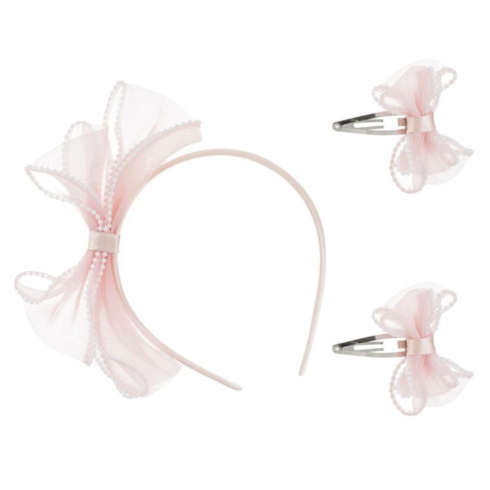 Set Accesorii Păr, Funda Roz și Mărgele Albe, 3 bucăți