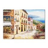 Tablou peisaj citadin mediteranean pictat manual, TIHNA, 70x50cm ulei pe panza, Magnific