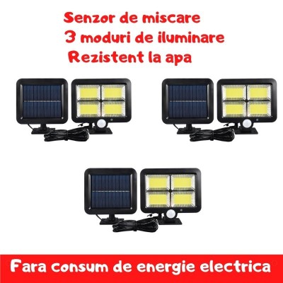 Set 3 x Proiector Solar 120 LED, senzor de miscare, 3 moduri de iluminare foto