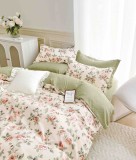 Cumpara ieftin Lenjerie pat dublu,bumbac finet,6 piese,cearceaf cu elastic,crem verde cu flori-A1475