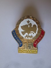 Rara! Insigna Partidul Romania Mare 15 ani,dim:30 x 27 mm