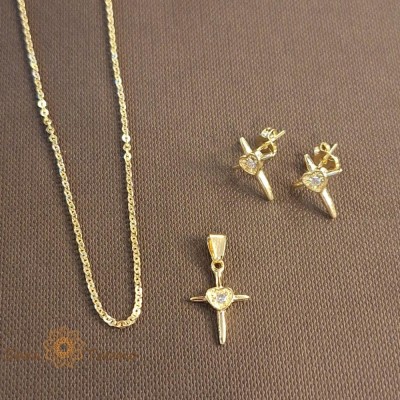 Set placat cu aur lantisor + cruciulita + cercei foto