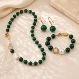 Cumpara ieftin Set Bijuterii Malachit &amp; Perle Baroc Argint 925 Placat Aur - Colier, Brățară, Cercei - Handmade Made in Italy