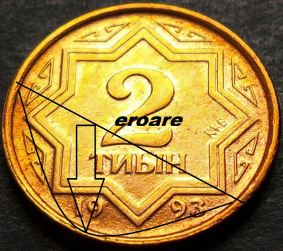 Moneda 2 TYIN - KAZAHSTAN, anul 1993 * cod 5224 - EROARE / monetaria ҚҰБ = UNC foto