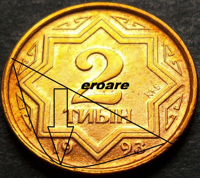 Moneda 2 TYIN - KAZAHSTAN, anul 1993 * cod 5224 - EROARE / monetaria ҚҰБ = UNC