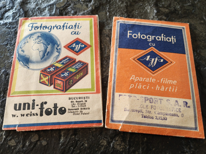 2 pliante cu foto, Agfa, Uni-Foto Weiss, str.Regala 18, cu fotografii si clisee