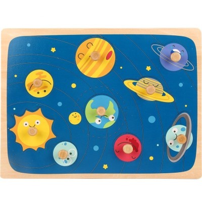 Puzzle Montessori din Lemn pentru Copii, Cyrax, 3D, 0-3 Ani, Model Sistemul Solar, Educativ, Intuitiv, Creativ, 9 Piese, 30x22.5x0.8 cm, Multicolor foto