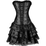D87-1 Set 3 piese corset elegant cu plasa florala si fusta