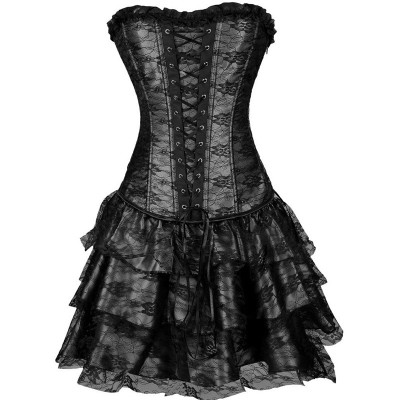 D87-1 Set 3 piese corset elegant cu plasa florala si fusta foto