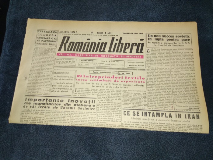 ZIARUL ROMANIA LIBERA 12 FEBRUARIE 1949