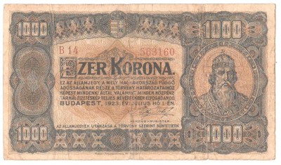 SV * Ungaria 1000 KORONA / COROANE 1923 * Sf. Stefan * +/- VG foto