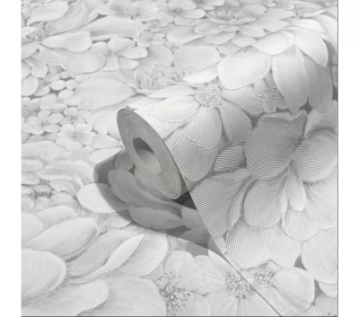 Tapet floral, extralavabil, alb, argintiu, dormito, Marburg Botanica, 33952 foto
