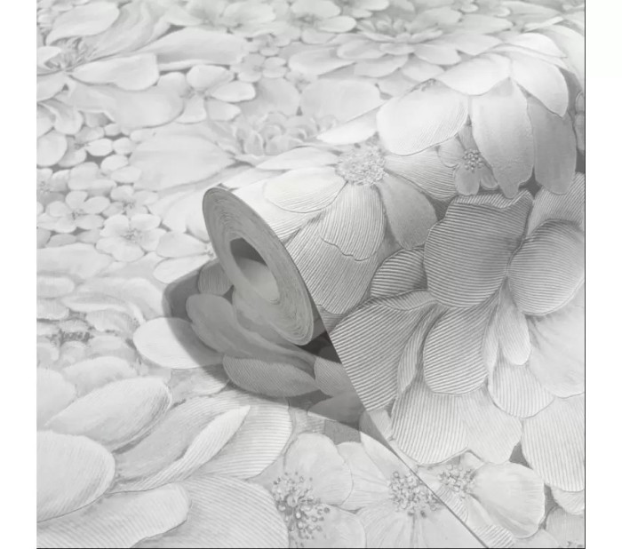Tapet floral, extralavabil, alb, argintiu, dormito, Marburg Botanica, 33952