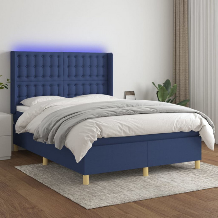 vidaXL Pat cu arcuri, saltea și LED, albastru, 140x190 cm, textil